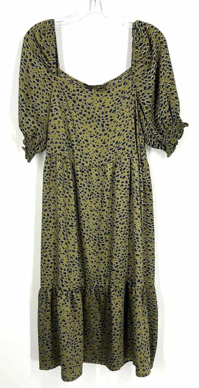 Saks Fifth Ave Size L Gr/Bl/Wh Animal Print Puff Sleeve Designer Dress